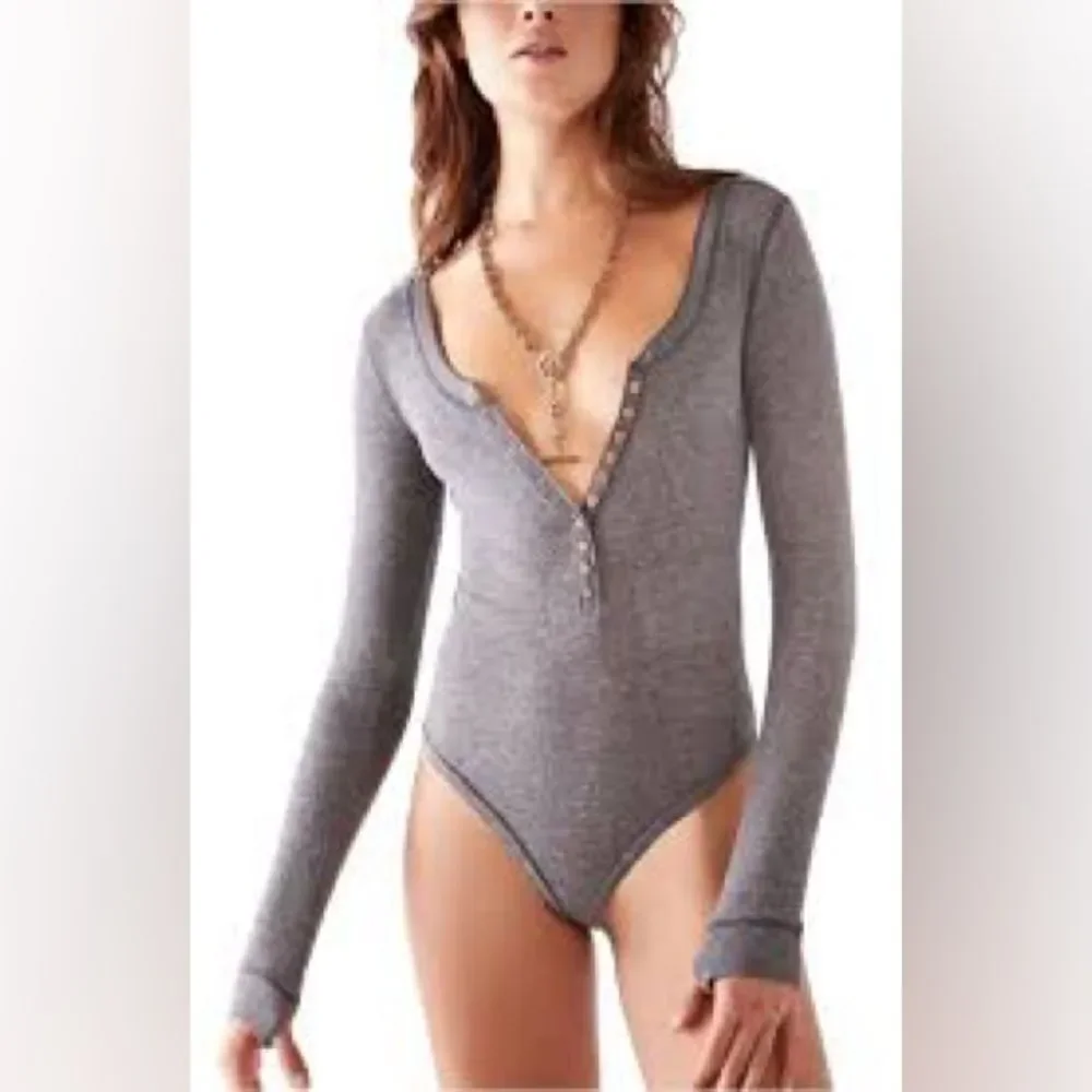 Free People Women's Medium Dylan Waffle Thermal Bodysuit Button Gray
